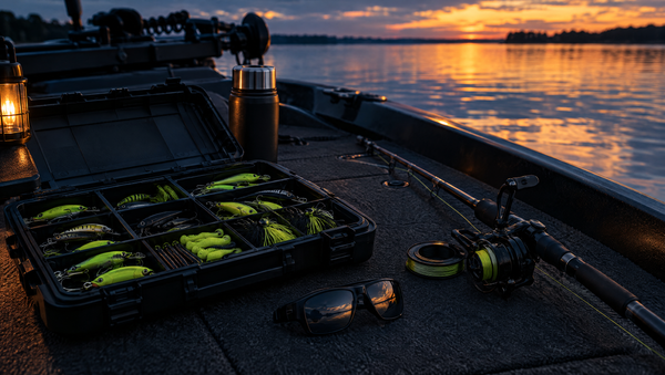 Tackle box and spinning rod on a boat deck at dusk
