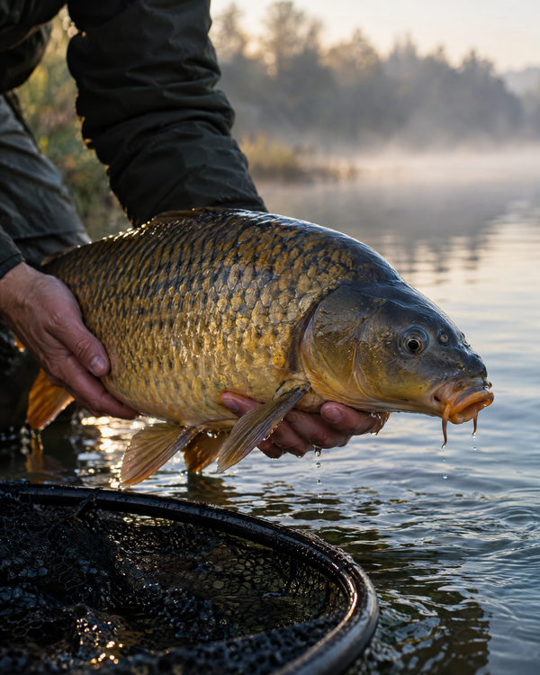 Angler releasing a large common carp at the water's edge