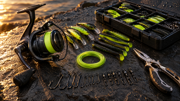 Spinning reel, lures and tackle on wet slate