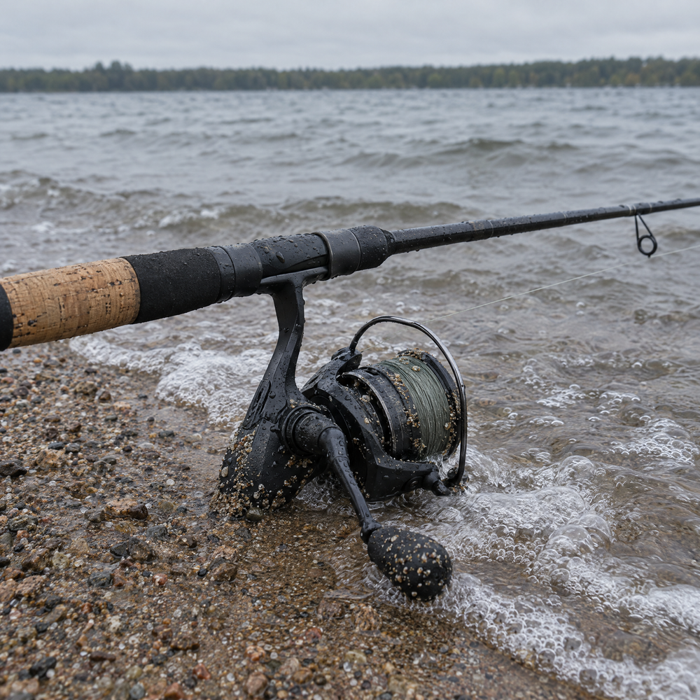 A spinning reel lying in wet sand as a wave washes over it