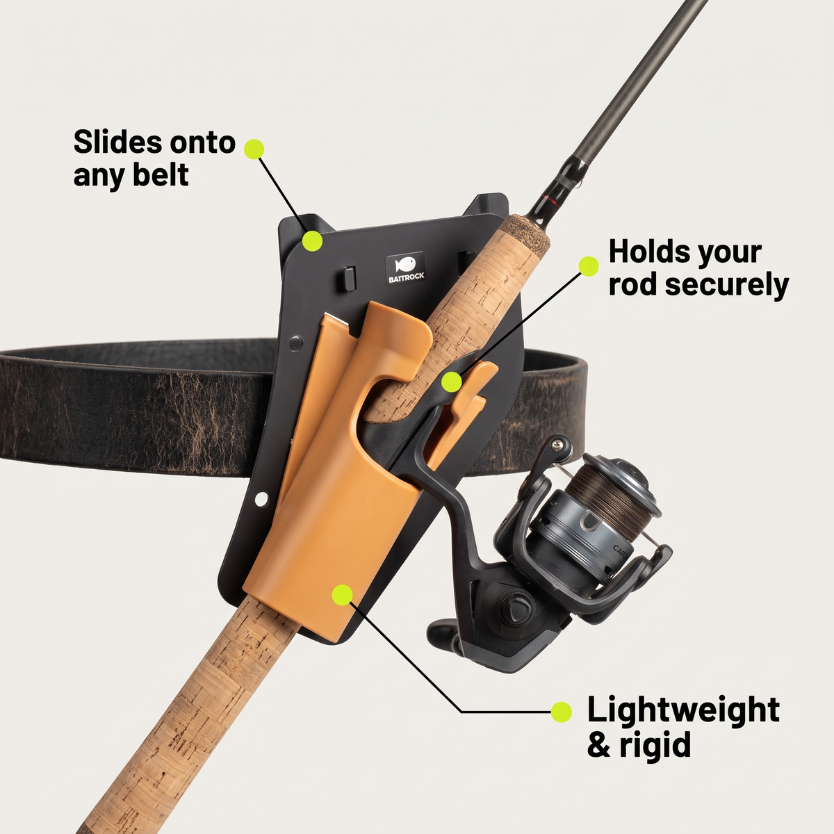 Holster on a belt holding a rod: slides onto any belt, holds your rod securely, lightweight and rigid