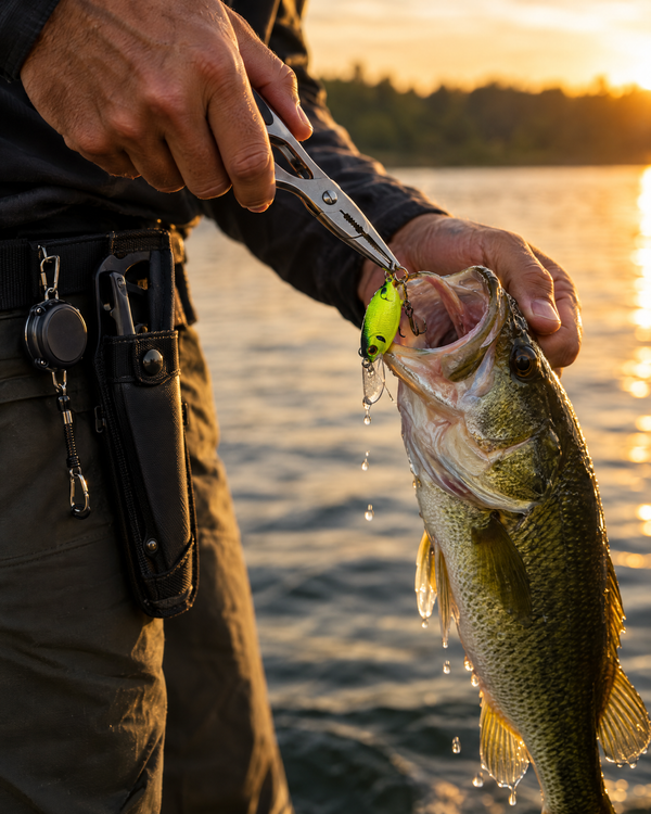 Angler using pliers to unhook a lure from a bass, with tools clipped to the belt