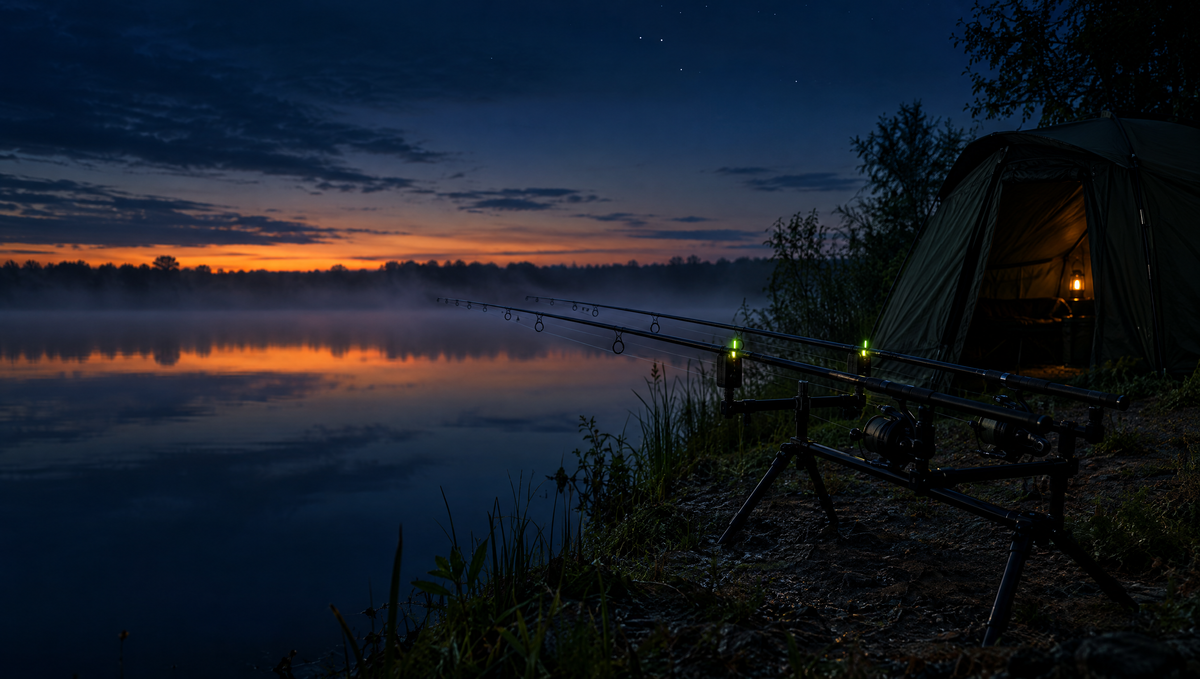 Carp rods on a rod pod at night beside a lit bivvy tent