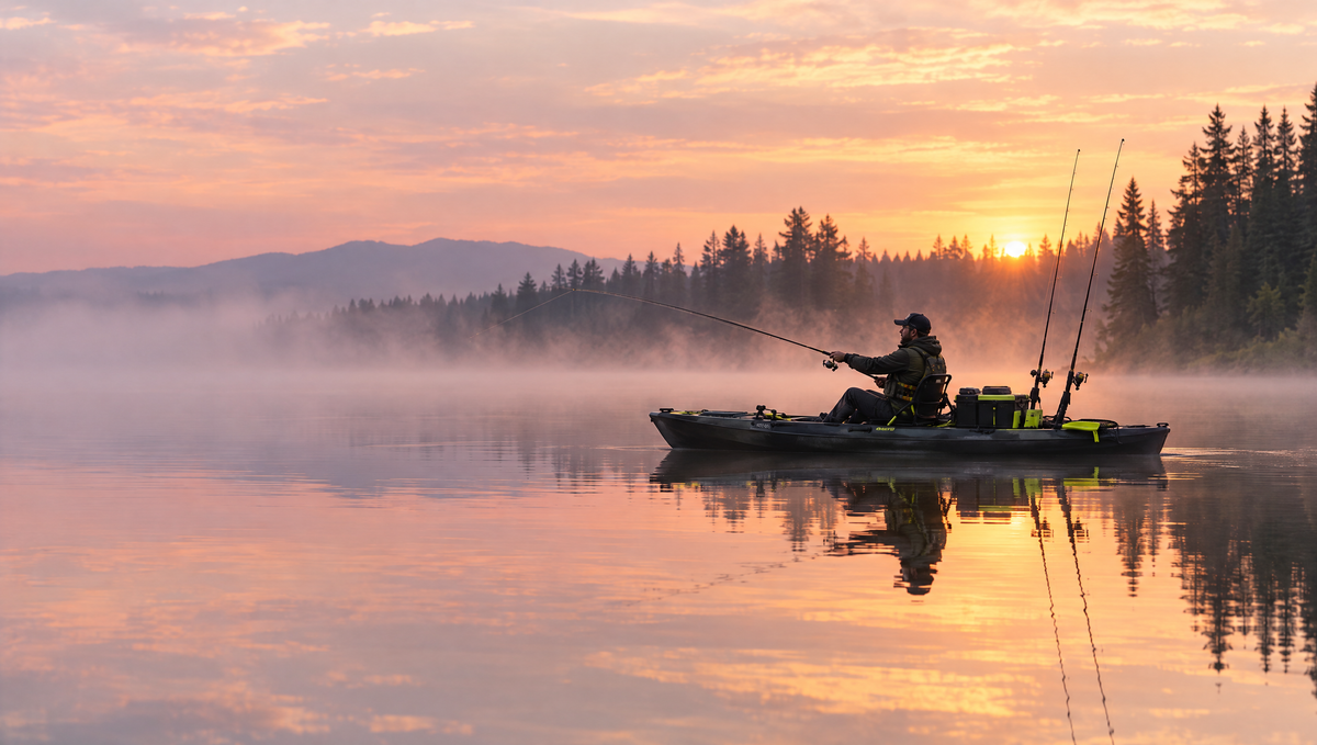 Angler casting from a black fishing kayak on a misty lake at sunrise