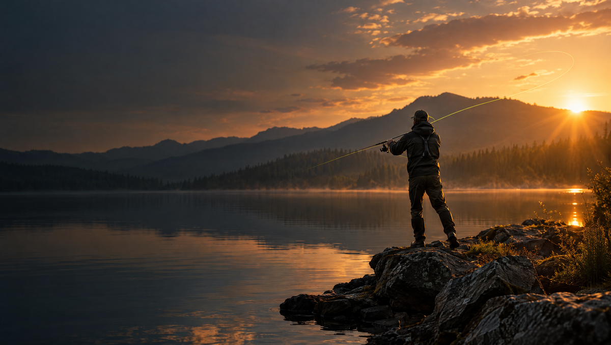 Angler casting a spinning rod from a rocky lake shore at golden hour