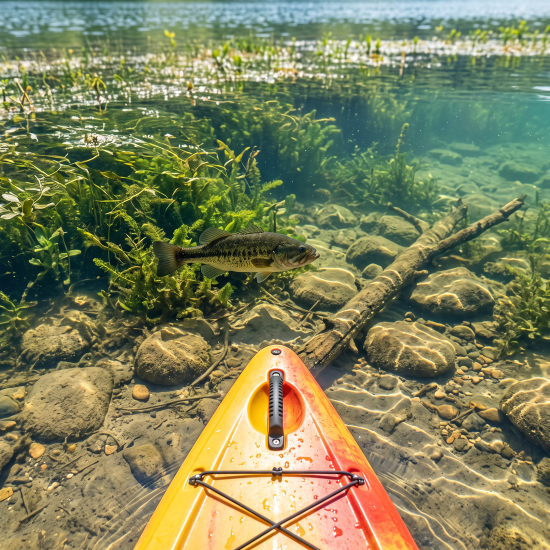 Lake shallows seen through polarized lenses: a bass, weeds and rocks are clearly visible