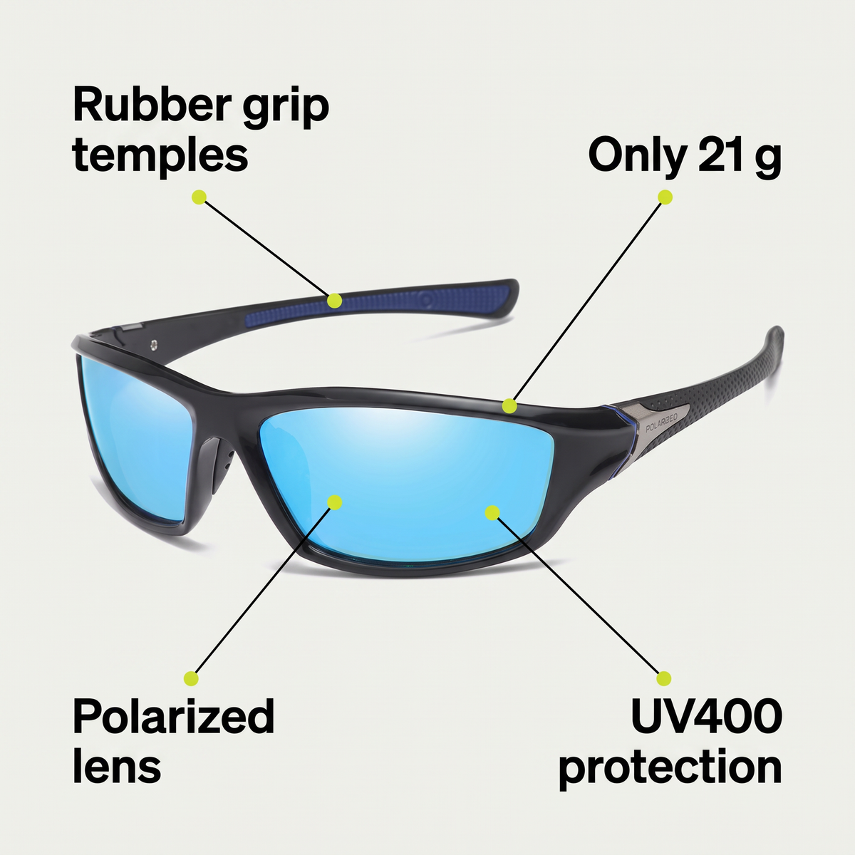 Features: polarized lens, UV400 protection, rubber grip temples, only 21 g
