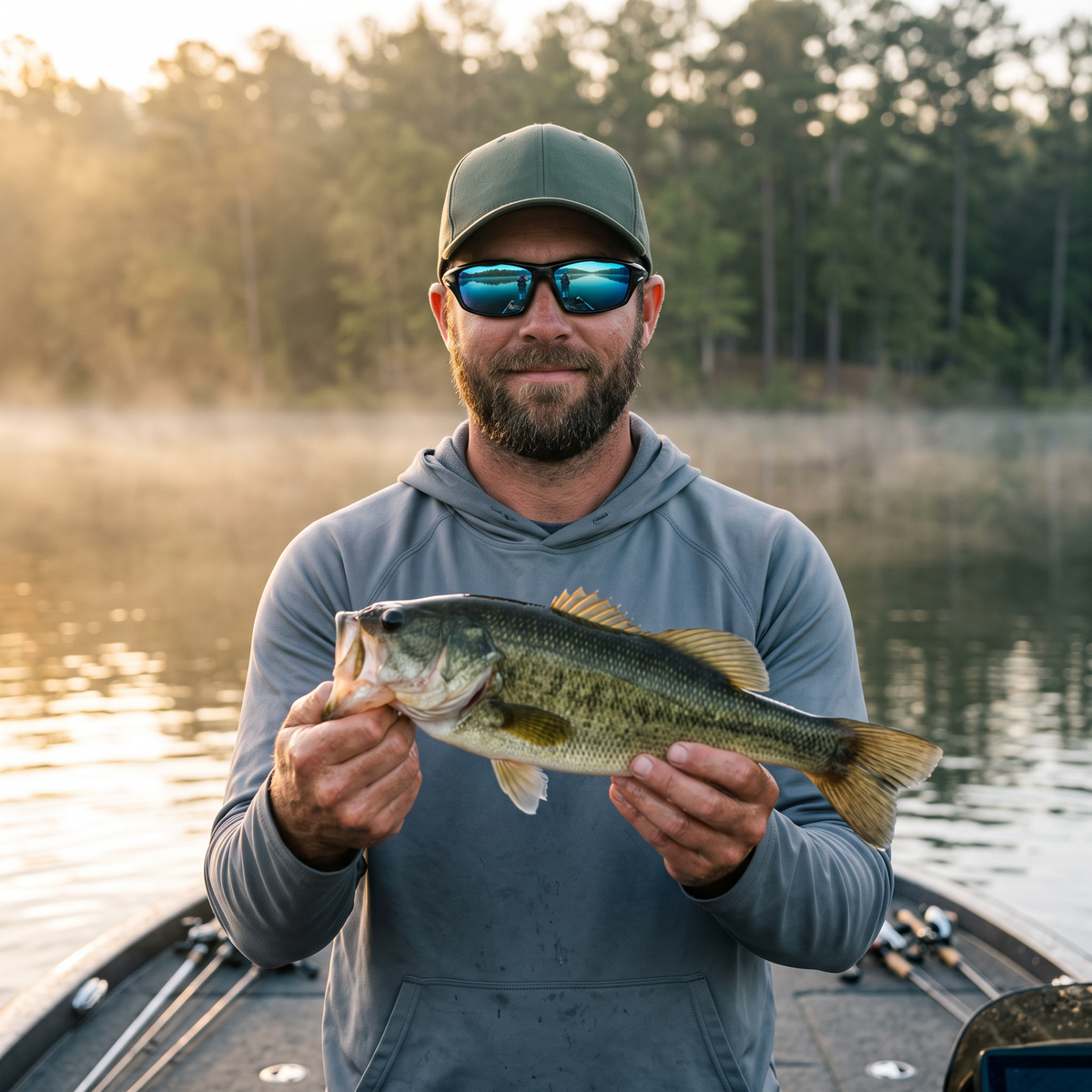 Angler on a boat wearing the blue mirror sunglasses and holding a bass