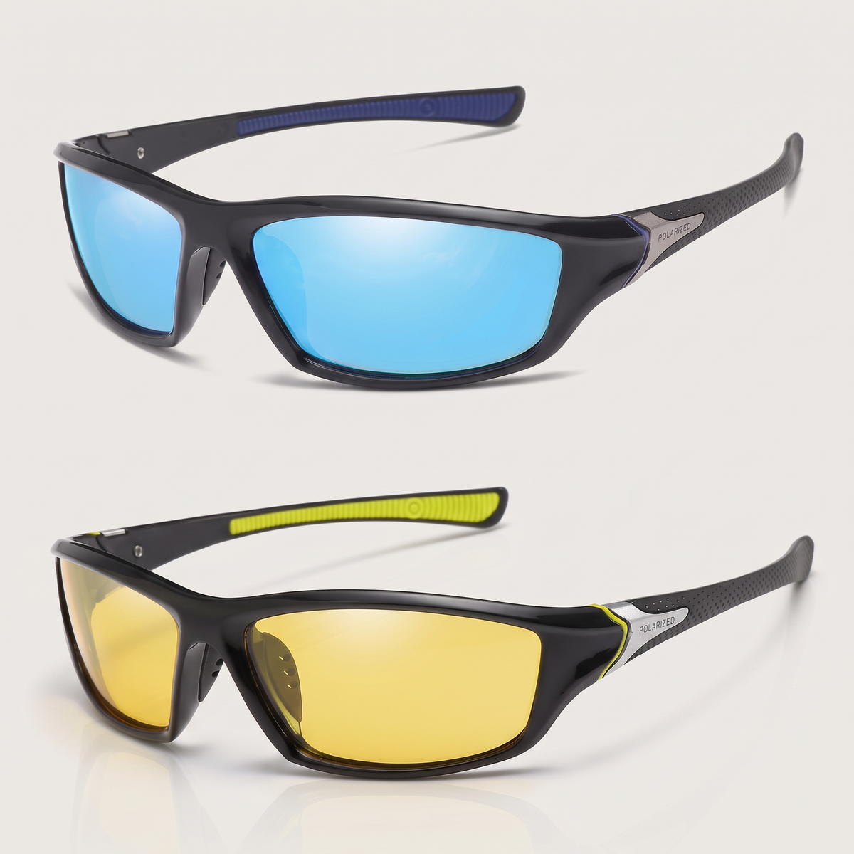 Two pairs: blue mirror for bright sun and yellow for dawn and dusk